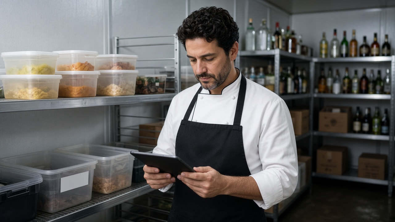 Restaurant staff using tablet for inventory count in commercial kitchen