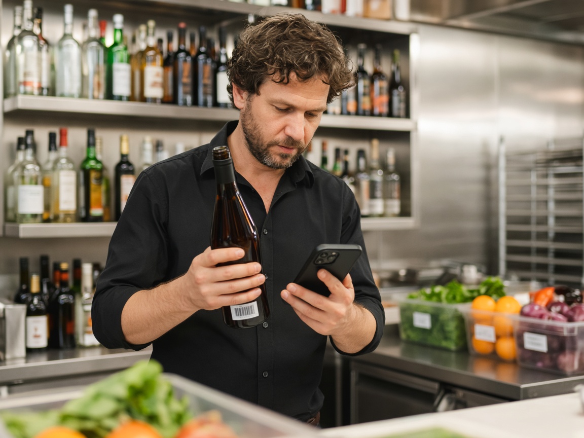 Bar manager scanning liquor inventory with smartphone in bar storage room