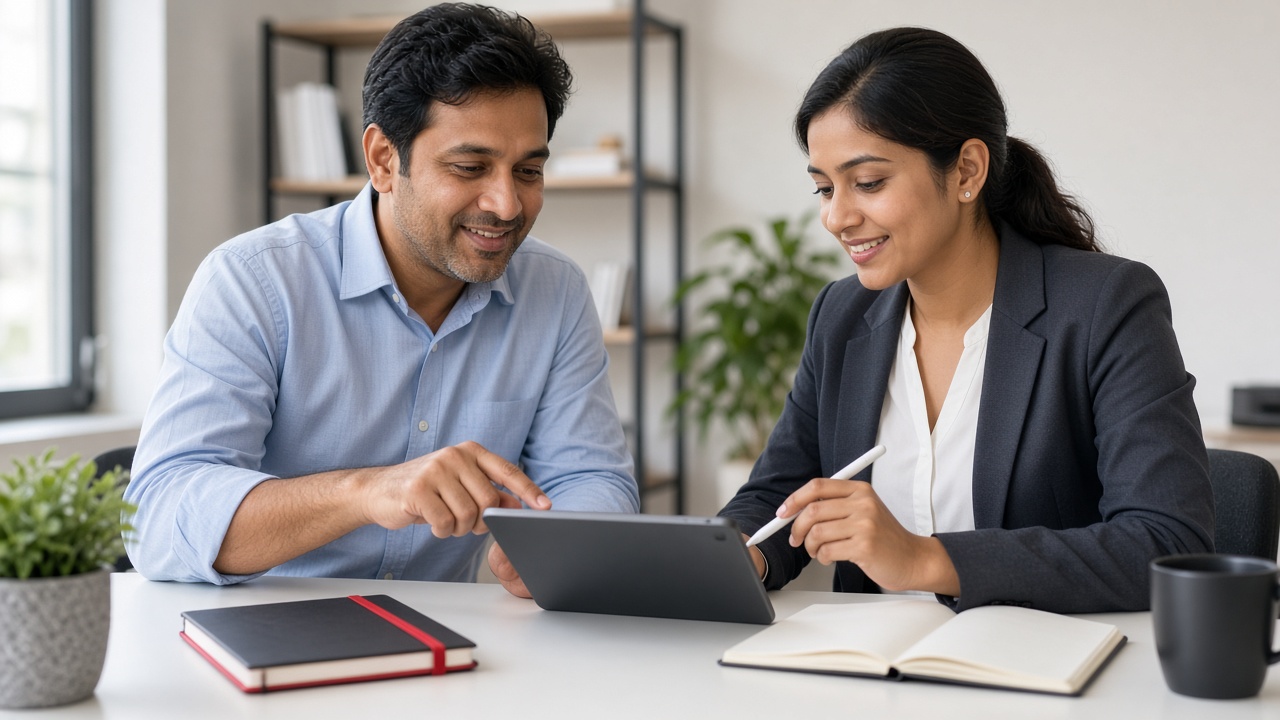 Fintech advisor helping a customer complete a digital loan application on a tablet